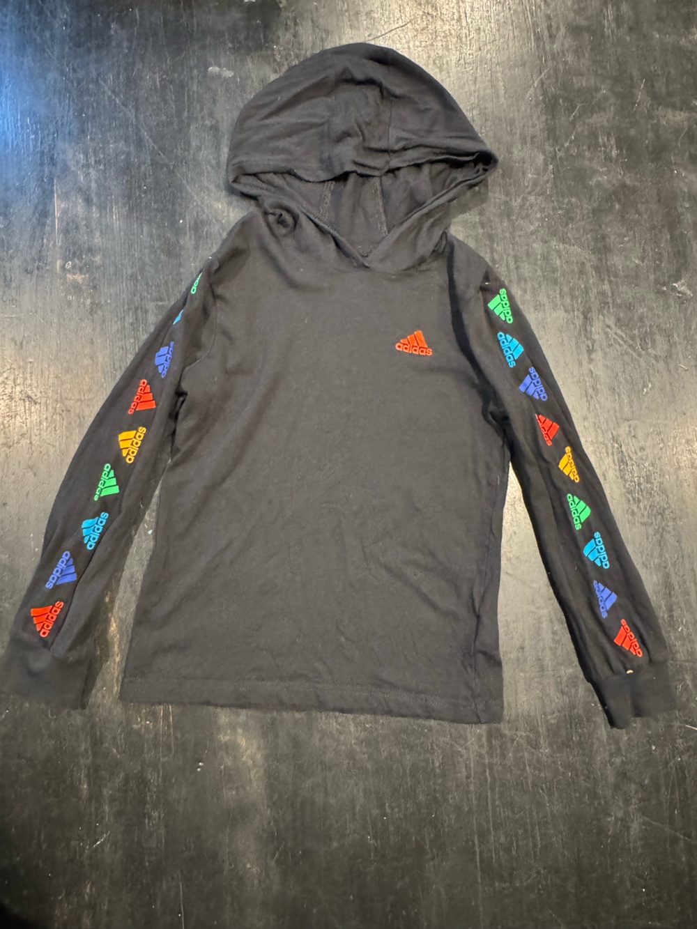 adidas Kid’s Black Long Sleeve Top with Multicolor Logo Sleeves- Size 5
